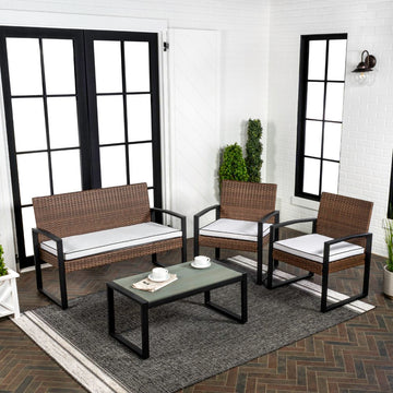 Elina 4-Piece Modern Coastal Faux Wicker Conversation Outdoor Patio Set - JONATHAN Y